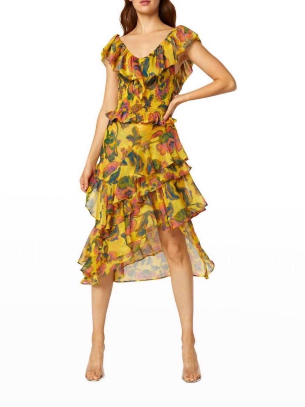 MISA Los Angeles Carmen Canary Floral Ruffle Midi Skirt Top Set Top M/Skirt L
